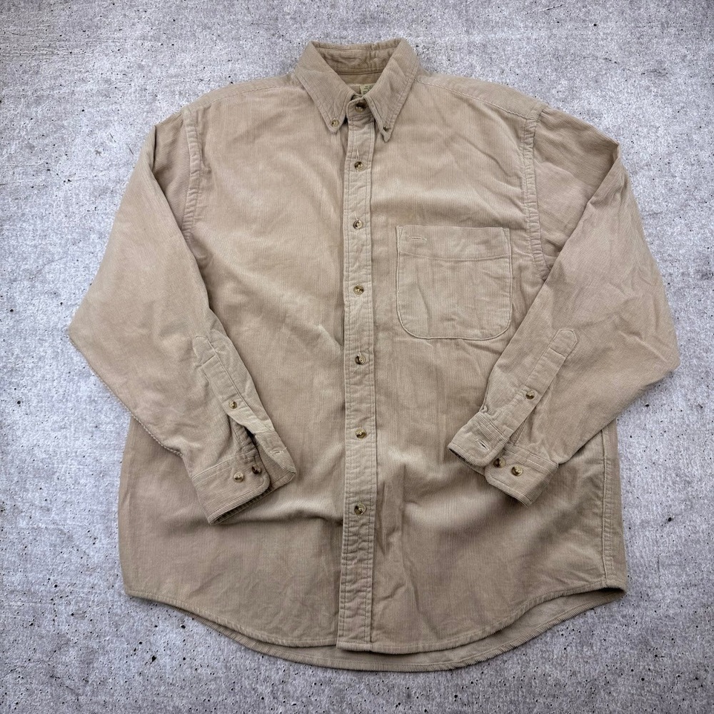 Vintage Eddie Bauer Light Tan Corduroy ButtonDown Outdoor Dress Shirt Men Medium